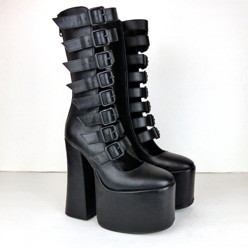 Widow Strappy Buckle Boots 6M Black Vegan Leather Gone Haywire Platform Gothic - Picture 5 of 16